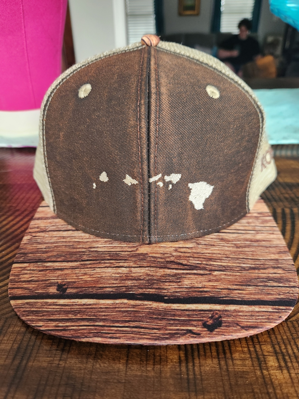 Kona Sol Brown and Tan Men's Trucker Hat with Woodgrain Brim